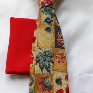 КВЖ350 Тютюнева вратовръзка с флорален десен в комплект с кърпичка от естествена коприна