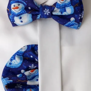 КПК002 Синя папийонка на снежни човечета с кърпичка за коледно или новогодишно парти