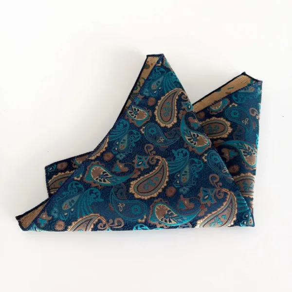 КЖ018 Кърпичка за джоб в синьо-зелено и бежови флорални мотиви