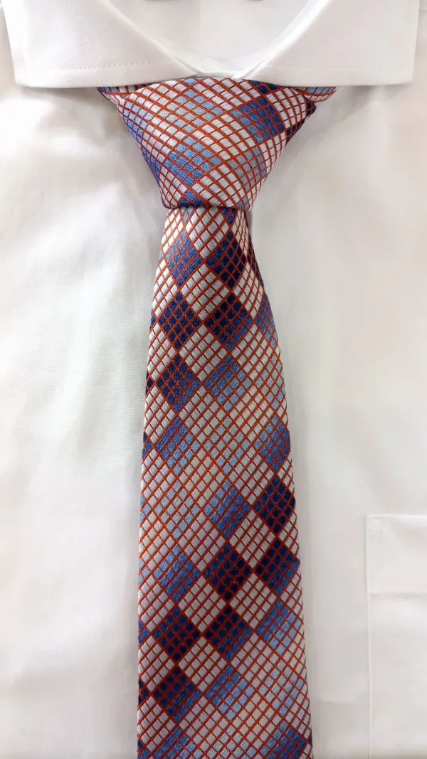 ВЖ042 Карирана вратовръзка в оранжево, синьо и светлосиво