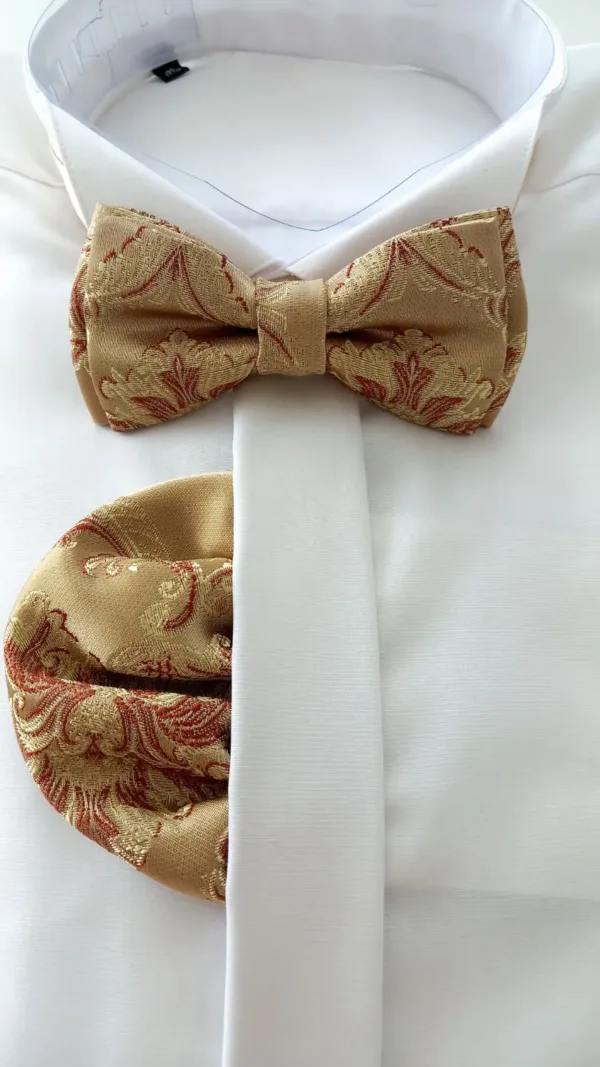 КПЖ044 Луксозна златиста папийонка с червени орнаменти и кърпичка